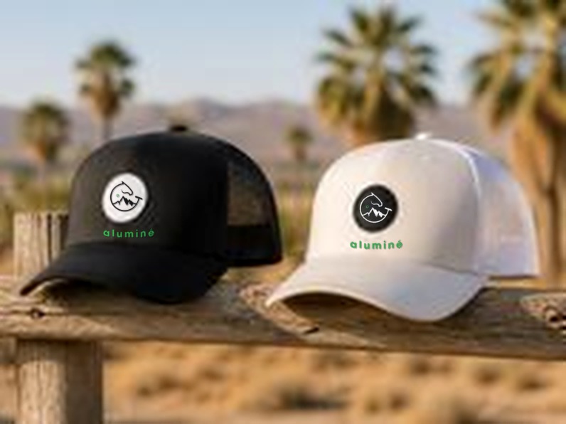 Black and white Aluminé trucker hats with the horse-and-mountain patch and green aluminé lettering, on a fence rail with palms behind
