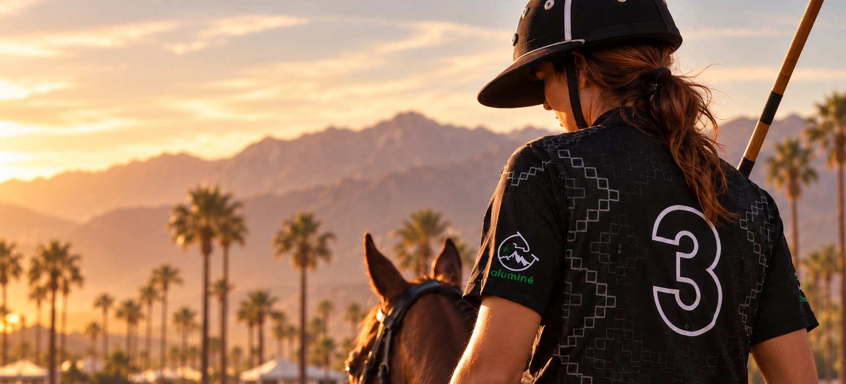 A rider in a black polo helmet and black Aluminé number 3 jersey sits on a horse at the edge of a polo field, palm trees and desert mountains behind at sunset.